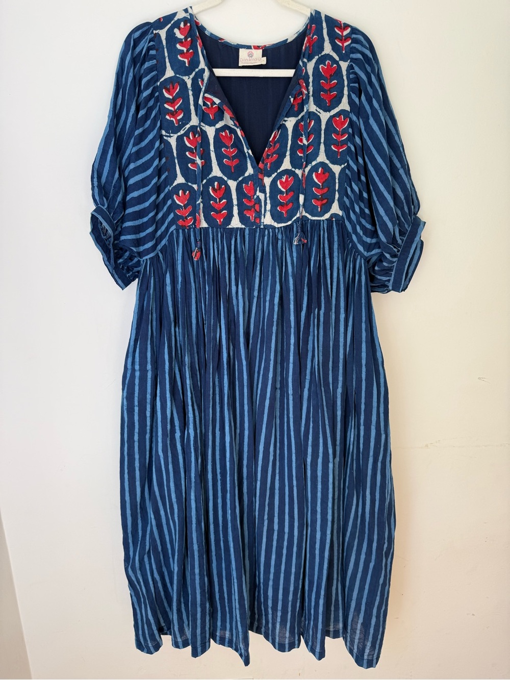 Pinklay Block Print Cotton Midi Dress L Boho Blue Pockets Lined